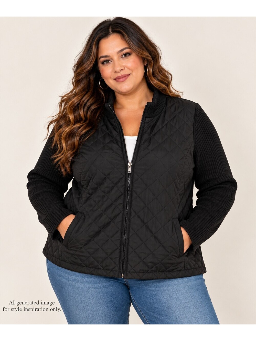 Croft & Barrow Black Quilted Knit Sleeve Zip Up Jacket Women's 1X